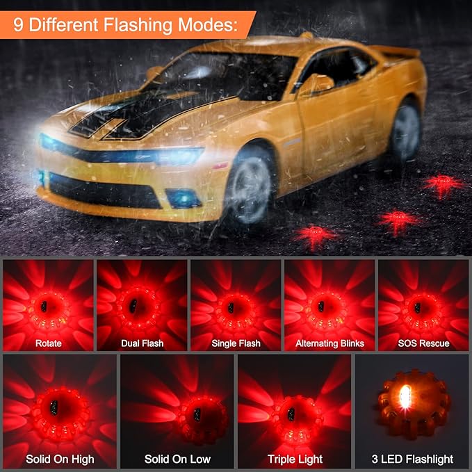 Tallew 12 Pack LED Road Emergency Roadside Lights Flashing Safety Warning Kit Beacon Magnet Hook Vehicle Boat Truck Disc Magnetic Flash Cars Security Driveway Automotive Strobe