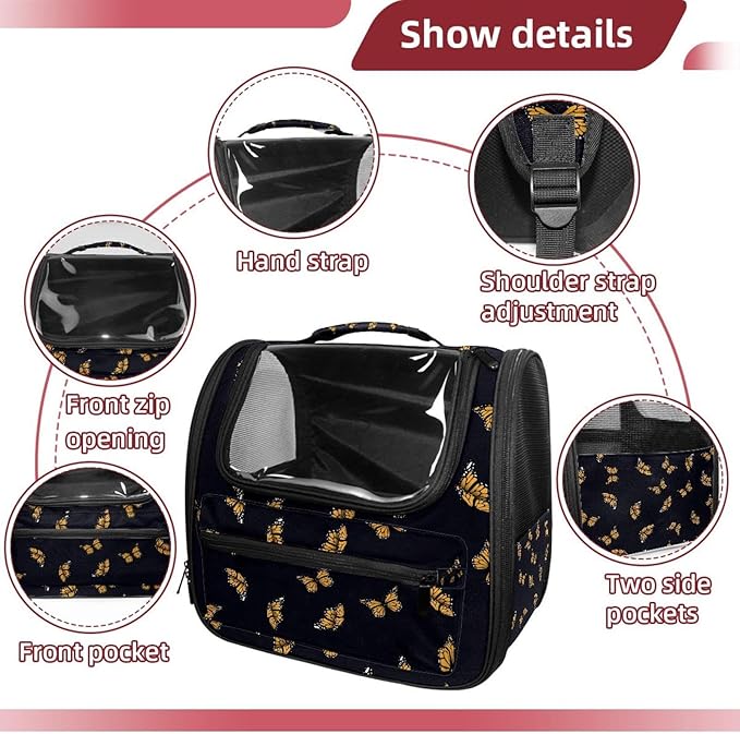 Butterfly on Black Background Transparent Pet Carrier for Travel Hiking for Kitty Small Dog