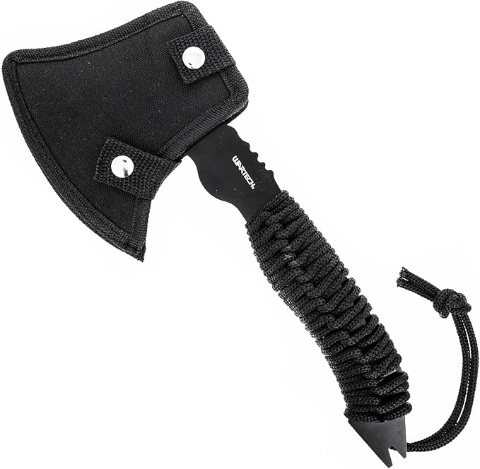 ASR Outdoor 12 Inch Full Tang Steel Axe Hatchet with Gut Hook Hex Holes Paracord Handle and Sheath, Black