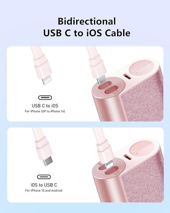 VEGER Compact Portable Charger with Built in Cable(Removable), 10000mAh Cute Power Bank 20W Fast Charging, Sparkling Battery Pack Fashion Travel Accessory Compatible with iPhone 15/14, Android-Pink