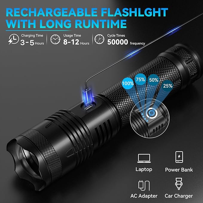 Rechargeable LED Flashlights High Lumens, 99,000 Lumens Super Bright Flashlights with 5 Modes, Waterproof Powerful Flash Light Multifunctional Flashlights for Home Emergencies Hiking(2 Pack)