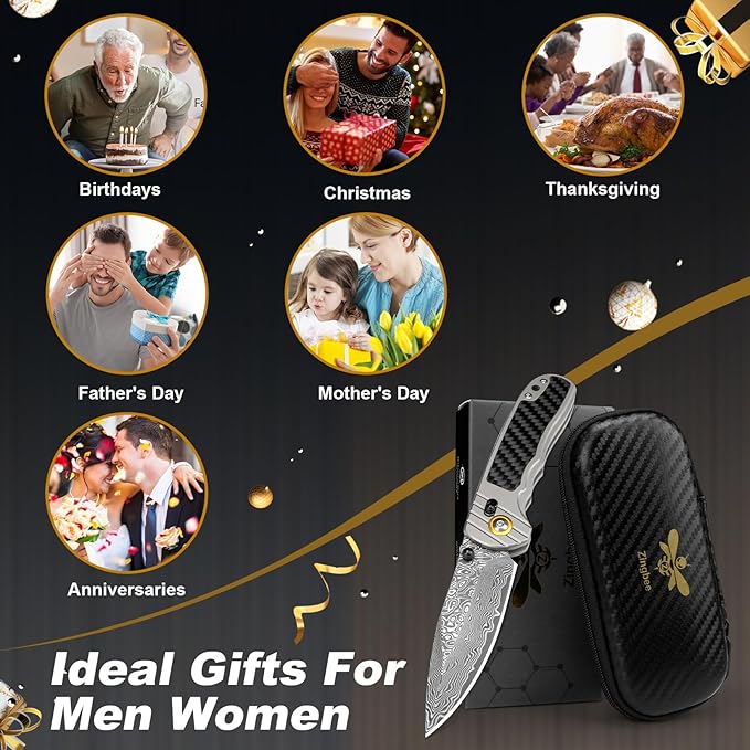 Damascus Pocket Knife for Men Women, 3.15" Damascus Steel Blade Pocket Knives & Folding Knives with Carbon Fiber Overlay Handle