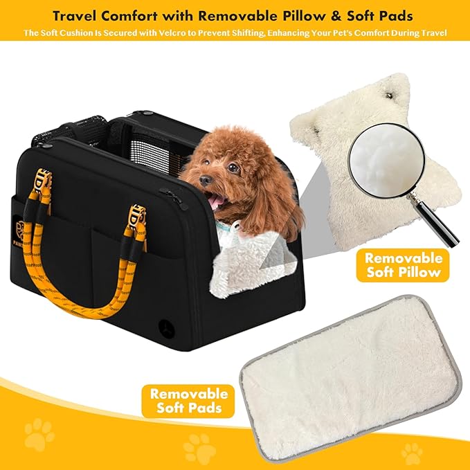 PAWZIDEA Center Console Dog Car Seat, Enclosed Secure Armrest Booster Seat for Small Dogs & Cats up 12lbs, Soft-Sided Travel Pet Carrier Safety Straps, Removable Pillow, Storage Pocket, Shoulder Strap