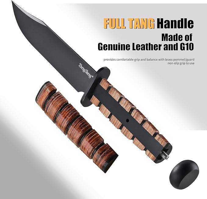 Fixed Blade Knife, 8.0??Black Titanium PVD Coating DC53 Steel Blade Hunting Knives with Leather Sheath, Ergonomic Handle Bushcraft Bowie Knife for Camping, Hiking