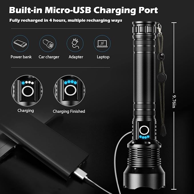 Rechargeable Flashlights 90,000 Lumens, Super Bright LED Flashlight High Lumens with USB Cable, 5 Modes Waterproof Flashlight Powerful Flash Light for Home Camping Hiking