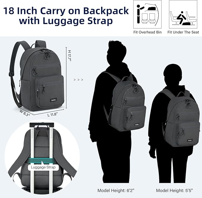 Carry On Travel Backpack For Women, 18 Inch Water Resistant Large Backpack Lightweight Bookbag For Men, 8x14x18 Personal Item Bag Casual Daypack Backpacks For Work Office Commuter (Dark Gray)