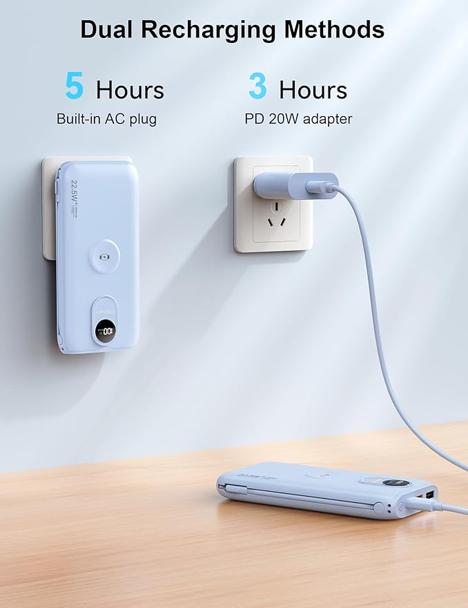 Portable Charger, 10000mAh 22.5W USB C Power Bank Built in Cables, AC Wall Plug and Led Display, External Battery Pack Fast Charging, Travel Essentials for iPhone, Android Cell Phone, Tablet, iWatch