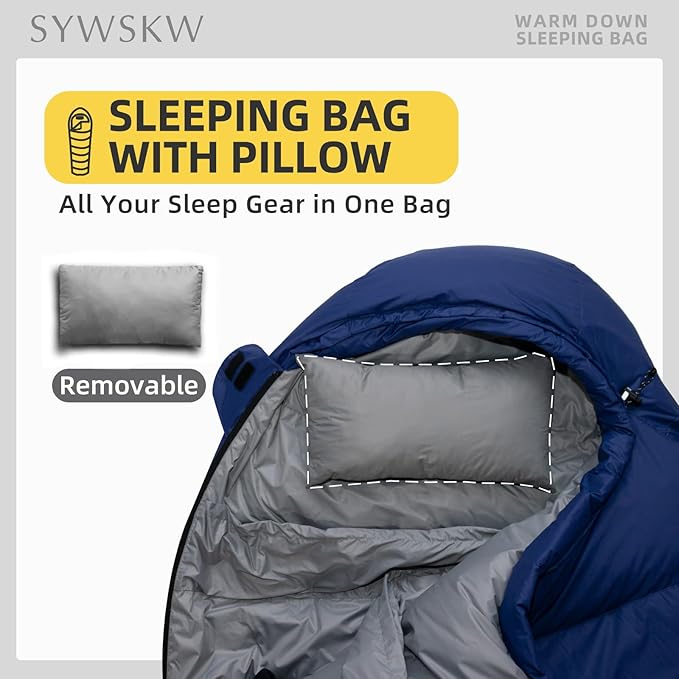 Down Sleeping Bag with Pillow, Lightweight Wide Sleeping Bag (86.6 in x 33.5 in) for Adults Backpacking,Hiking and Camping Outdoor with YKK Two-Way Zipper,680FP Duck Down