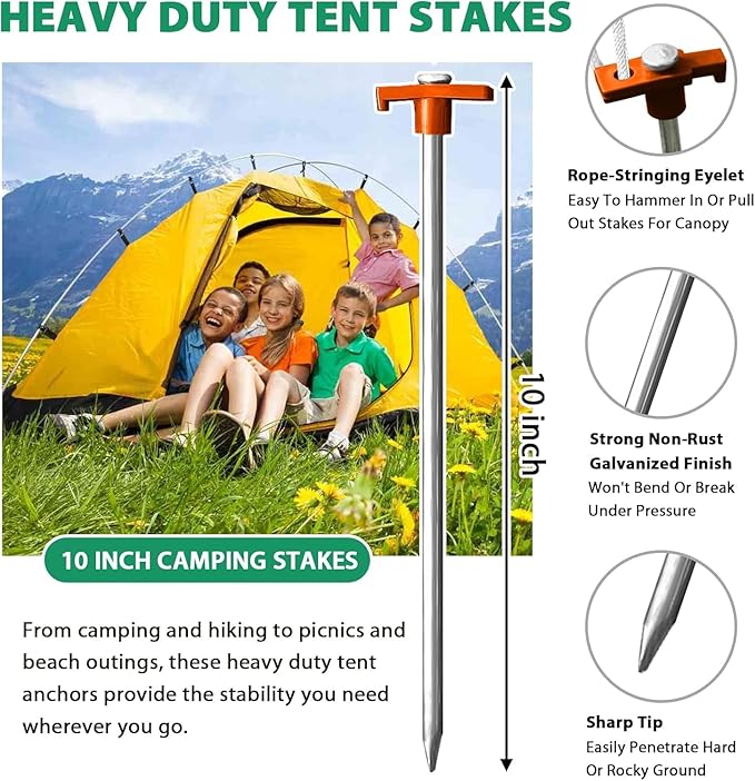 Eurmax USA Galvanized Non-Rust Camping Family Tent Pop Up Tent Stakes Ice Tools Heavy Duty 20pc-Pack, with 4x10ft Ropes & 1 Orange Stopper