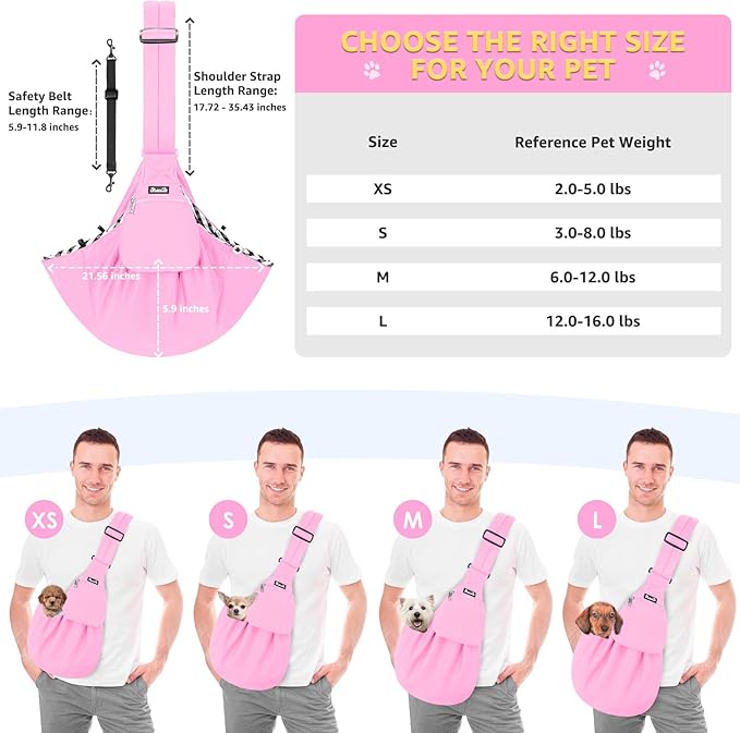 SlowTon Dog Carrier Sling - Thick Padded Shoulder Strap Adjustable Dog Carriers for Small Dogs, Puppy Carrier Purse for Pet Cat with Front Zipper Pocket Safety Belt Machine Washable (PI, L)