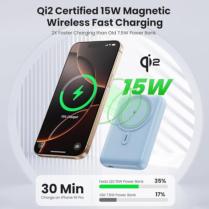Magnetic Portable Charger for iPhone, 3-in-1 10800mAh Qi2 15W Wireless Power Bank with iWatch Charger,30W PD Fast Charging USB-C LCD Display Battery Pack for Magsafe,iPhone 17/16/15/14/13, Apple Watch