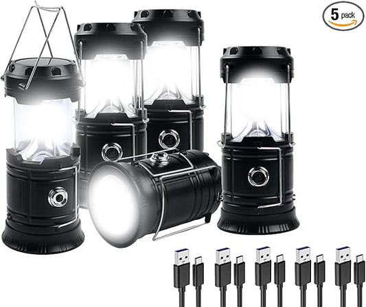 KunHe 5-Pack 1800mAh Collapsible Portable LED Camping Lantern Lightweight Waterproof USB Rechargeable LED Flashlight Kits for Indoor Outdoor Home Emergency Light Power Hiking