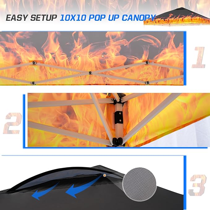 EAGLE PEAK Pop Up Canopy Tent with Wheeled Carry Bag, 8 Stakes, 4 Ropes, 4 Weight Bags, Easy Set Up Tent Canopy, 10x10 ft, 100sqft of Shade, Flame