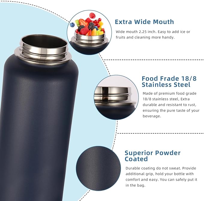 Volhoply 40 oz Insulated Water Bottles Paracord Handle, Stainless Steel Sports Bottle with Spout Lid, Double Wall Vacuum Metal Water Cups with Wide Mouth, Reusable Water Cup for Adults(Fog, 1 Set)