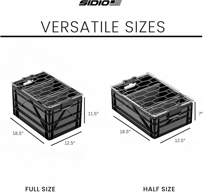 SIDIO CRATE Starter Pack - Two Full Size and One Half Size SidioCrate, Stackable Outdoor Organizer Storage Bins with Clear Lid and Dividers - Black