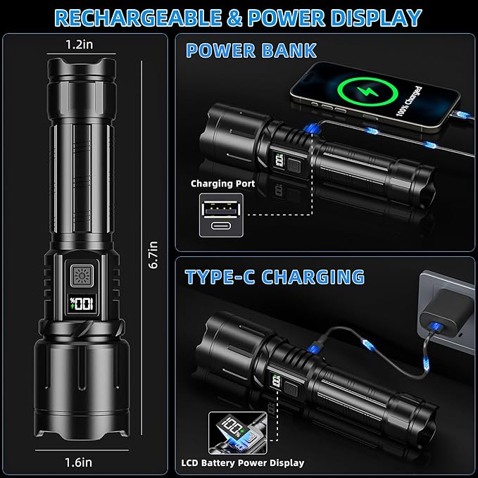 Rechargeable Flashlight 99000 High Lumens, LED Super Bright Flash Light, Tactical Flashlights with LCD Power Display, 6 Modes, Waterproof, Brightest Flashlight for Emergencies Camping