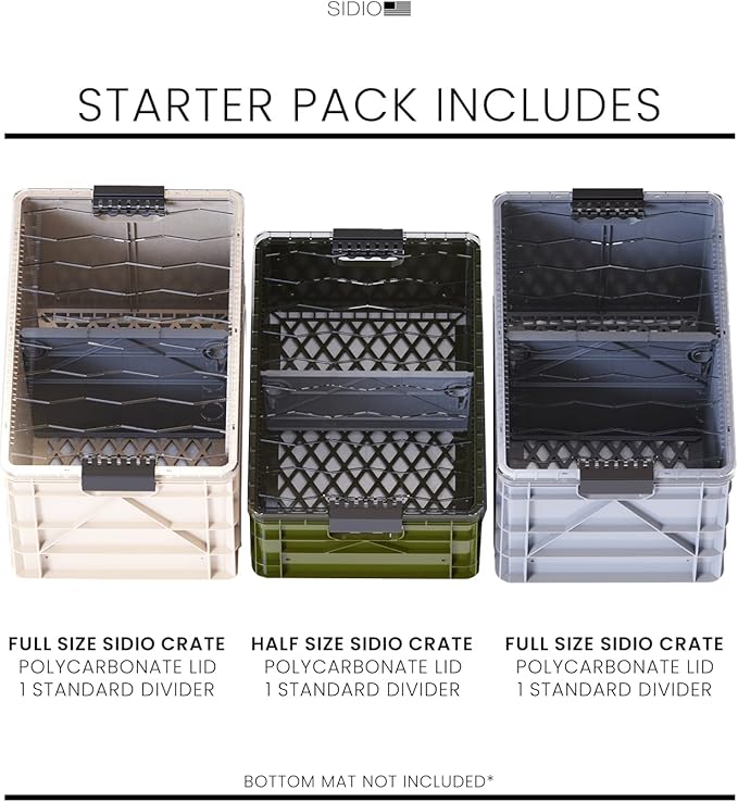 SIDIO CRATE Starter Pack - Two Full Size and One Half Size SidioCrate, Stackable Outdoor Organizer Storage Bins with Clear Lid and Dividers - CAMO Variety Pack