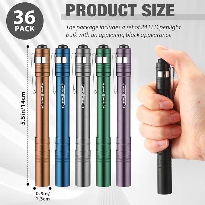 36 Pack Mini Pen Flashlights Bulk LED Pen Lights Aluminum Pocket Flashlights with Clips Small Handheld Torches Gifts for Camping Hiking Emergency Outdoor (Colorful)