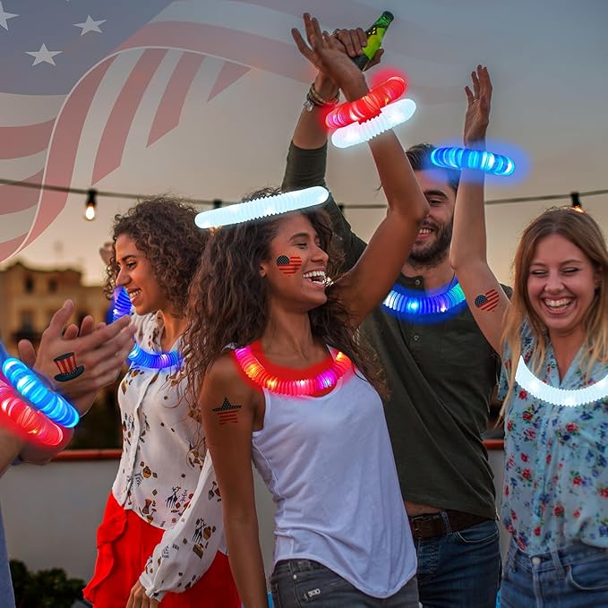 Red White Blue Glow Sticks 12 PCS, American Usa Flag Accessories Light up Bracelets Necklaces for Kids, Patriotic Decorations Party Favors Supplies Stuff Parade Camping Glow Toys Gifts for Toddlers