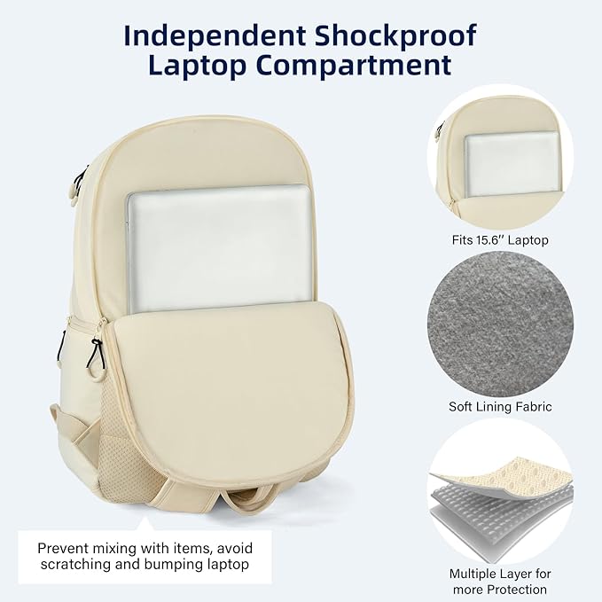 Carry On Travel Backpack For Women, 18 Inch Water Resistant Large Backpack Lightweight Bookbag For Men, 8x14x18 Personal Item Bag Casual Daypack Backpacks For Work Office Commuter (Offwhite)