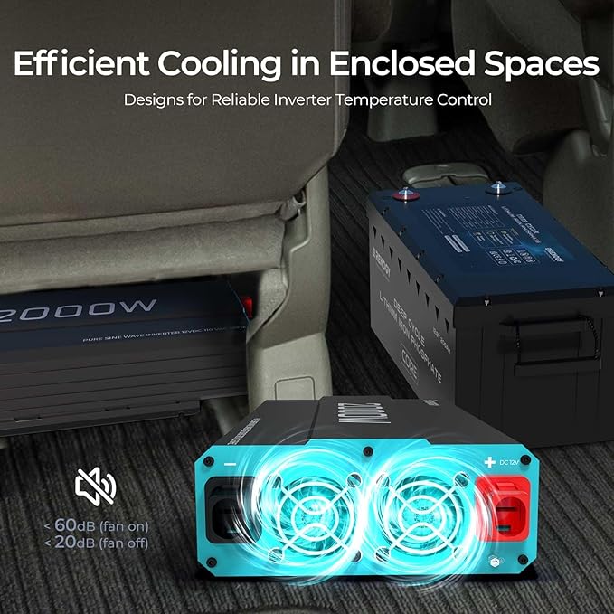 Renogy Inverter P2 2000W Pure Sine Wave Inverter 12V DC to 110V AC Converter, Off-Grid Solar Power Inverters for Vehicles, Truck, RV, Home, with Built-in 5V/2.1A USB / Hardwire Port, Remote Controller