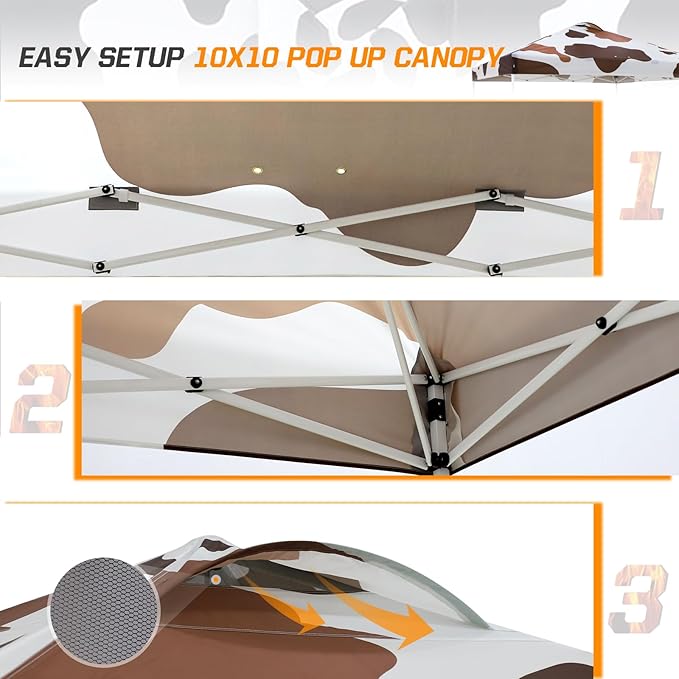 EAGLE PEAK Pop Up Canopy Tent with Wheeled Carry Bag, 8 Stakes, 4 Ropes, 4 Weight Bags, Easy Set Up Tent Canopy, 10x10 ft, 100sqft of Shade, Brown Cow Print