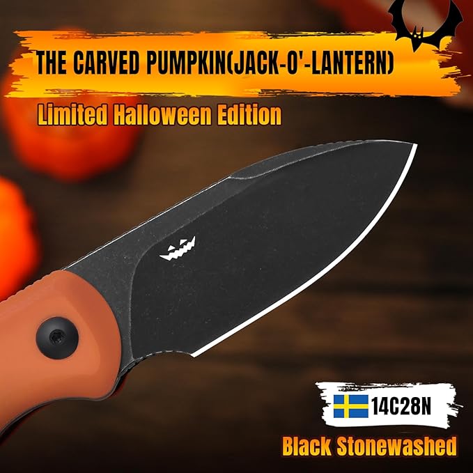 Kizer Drop Bear Fixed Blade Knife, 2.57" 14C28N Blade Halloween EDC Camping Knife with Orange & Black G10 Handle, Small Hunting Knives with Adjustable Kydex Sheath, Compact Survival Knives, 1094HW1