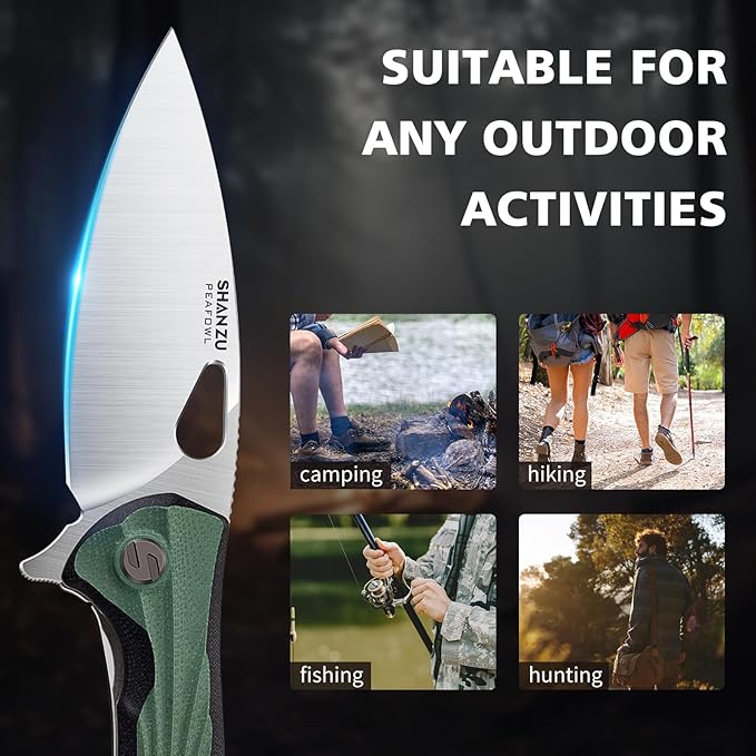 SHAN ZU Pocket Knife 3.2 in, Powder Steel Blade EDC Folding Knife for Men & Women, Utility Survival Knife with G10 Handle & Pocket Clip for Camping Fishing Hiking Hunting - Green