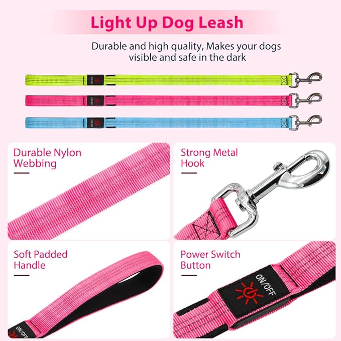 Candofly Light Up Dog Leash, USB Rechargeable LED Dog Leash, 4 Ft Reflective Pet Leash for Small Medium Large Dogs(Hotpink)