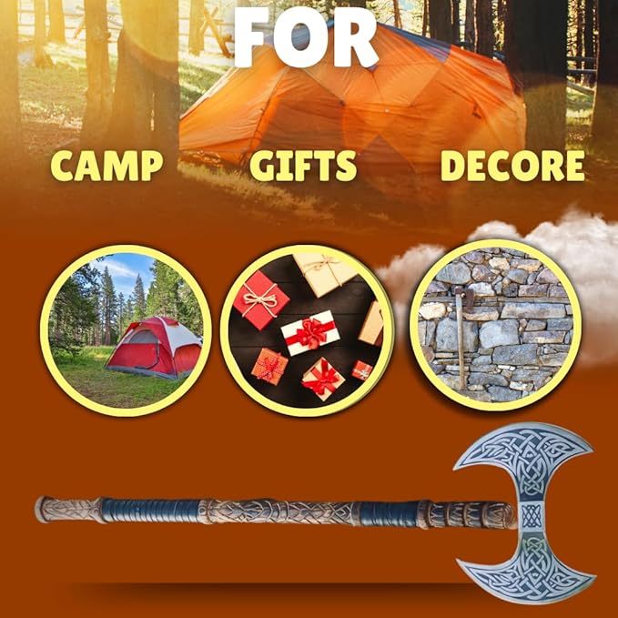 Hand Forged Double Headed Carbon Steel Axe – Bearded Battle Axe with Ash Wood Handle and Leather Sheath – Handmade Functional Gift for Him (DHA)