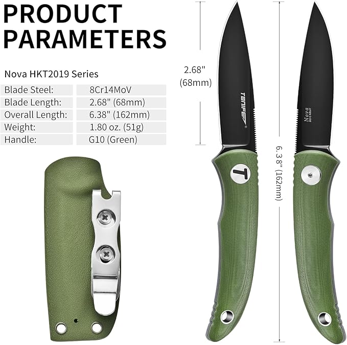 TONIFE Nova 2.68'' Blade Mini Neck Knife Full Tang Fixed Blade Knife with Kydex Sheath and Adjustable Paracord Lanyard for Camping Outdoor Survival Tool (Green+Black Titanium)
