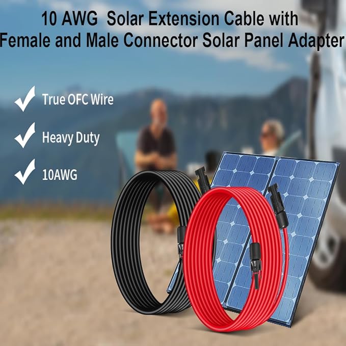 10AWG (6mm²) Solar Panel Extension Cable 100FT - Black & Red, Heavy Duty, Weather Resistant, Standard Solar Connectors Solar Extension Cable for Solar Power Systems, RVs, Boats