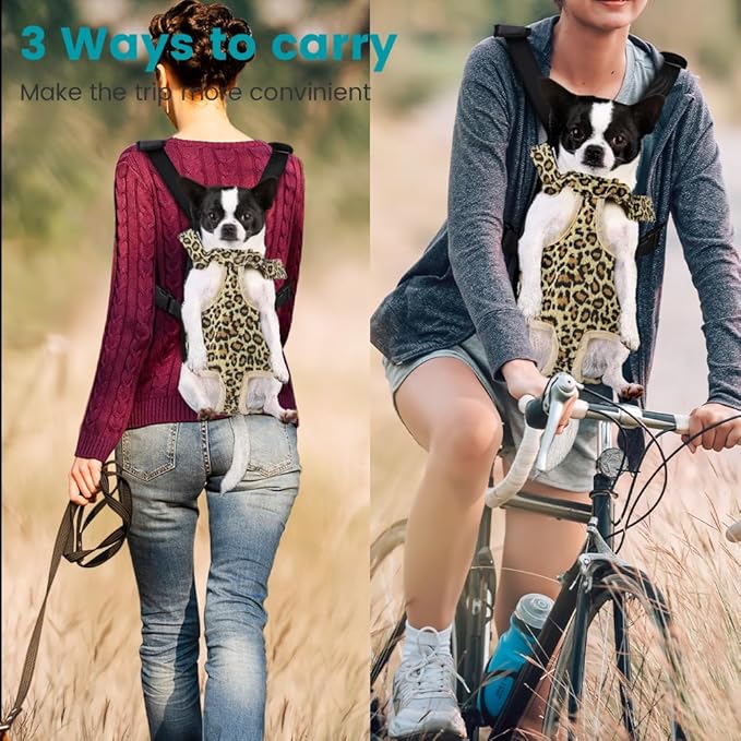 Inspack Dog Backpack Carrier/Cat Carrier, Adjustable Pet Front Carriers Travel Bag for Puppy Medium Dogs, Legs Out, Soft Dog Chest Carry Backpacks for Hiking/Camping, 2.5-4 lbs, Leopard Print