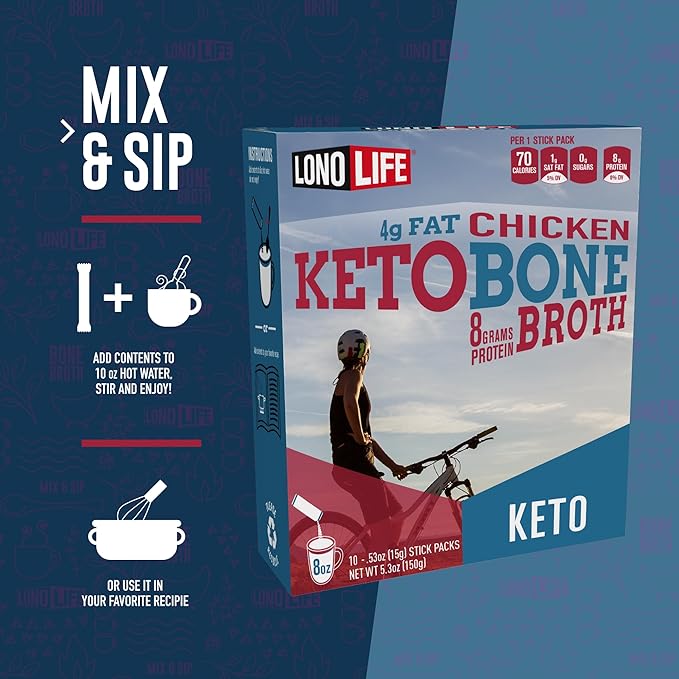 LonoLife Keto Chicken Bone Broth Powder Mix | 10g Protein | Collagen-Rich, Keto & Paleo Friendly | Natural Ingredients | 8oz Bulk Container (15 Servings)