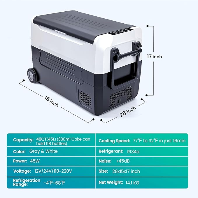 12 Volt Refrigerator, 48QT(45L) 12V Fridge, Electric Cooler 12/24V DC 120-240V AC -4℉~68℉, 12V Freezer Removable Divider, Car Fridge for Camping, RV, Travel, Fishing, Outdoor