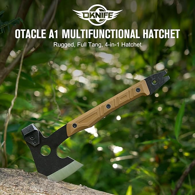 OKNIFE Otacle A1 Survival Hatchet & Camping Axe, 4 in 1 Full Tang Tactical Axe, G10 Non-Slip Grip Tomahawk with Durable Kydex Sheath