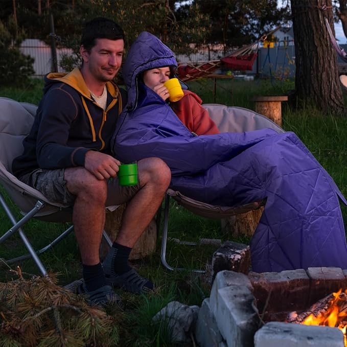 Outdoor Waterproof Blanket, Foldable Fleece Stadium Blanket for Outdoor Sports Event, Camping, Car, Pet, Picnics - Windproof, Wearable, Machine Washable 80" x 58" (Purple,Hooded)