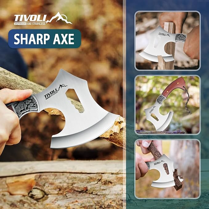 TIVOLI 8.86" Camping Axe, Survival Hatchet with Hex Wrench Slots, High Carbon Steel Blade Outdoor Bushcraft Axe with Nylon Sheath, Ergonomic Wood Grip Camping Gear for Hiking, Chopping, Hunting
