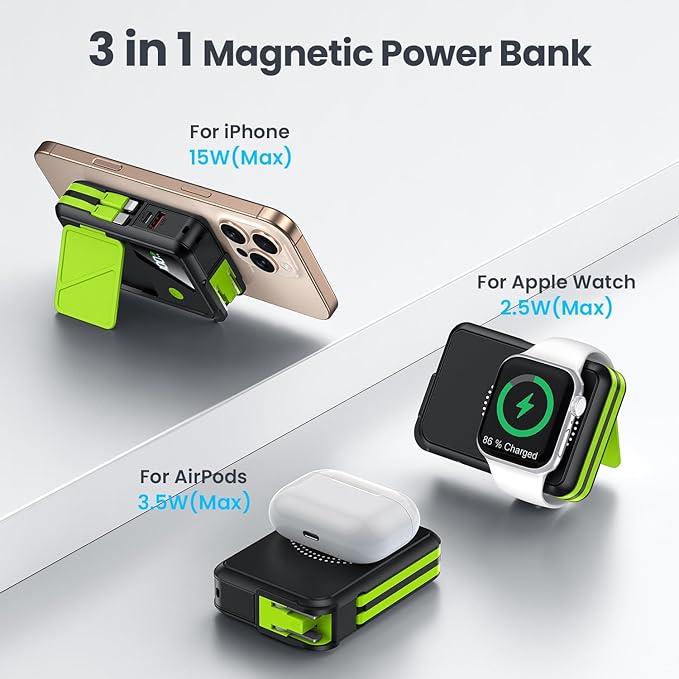 Wireless Portable Charger,5-in-1 Magnetic Power Bank 10000mAh Built in Cables and AC Plug,22.5W Fast Charging Magnetic Battery Pack,Compatible with iPhone 16/15/14/13/12,Apple Watch Series,Airpods