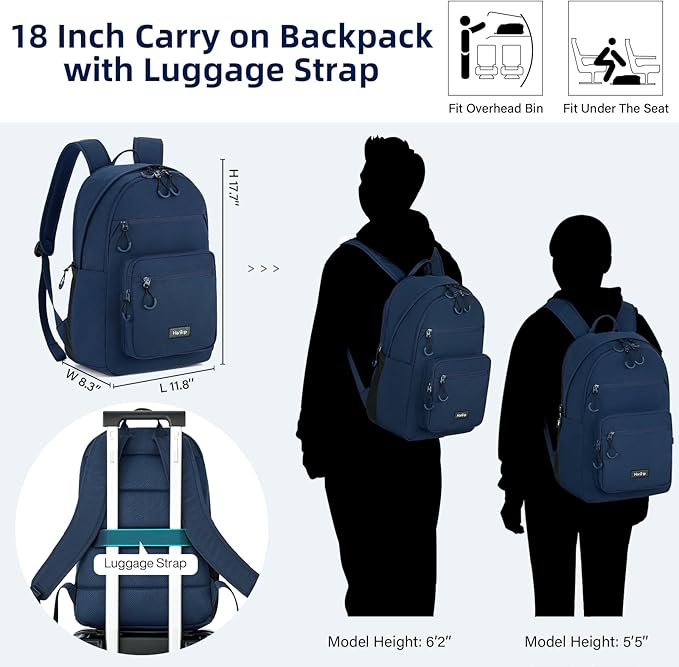 Carry On Travel Backpack For Women, 18 Inch Water Resistant Large Backpack Lightweight Bookbag For Men, 8x14x18 Personal Item Bag Casual Daypack Backpacks For Work Office Commuter (Navy Blue)