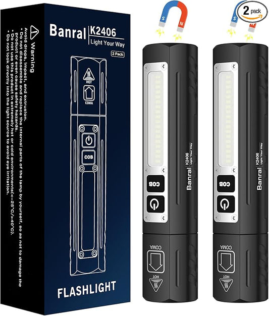 Rechargeable Magnetic Flashlights High Lumens - Super Bright Small Powerful LED Tactical USB C Flashlight, 8 Modes, Dual Button Waterproof Pocket Flash Light for Emergency, Car (2, Black)