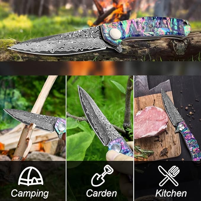 Benkey Damascus Pocket Knife, Sharp VG10 Core Damascus Steel Folding Knives with Leather Sheath, Unique Abalone Seashells Handle, Ball Bearing, Liner Lock, Original EDC Damascus Knife for Men Women