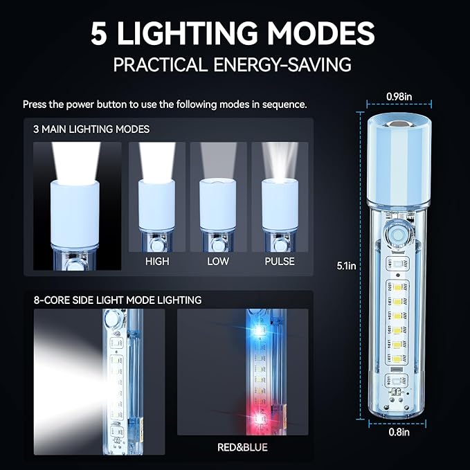 VAVOFO Blue LED Tactical Flashlight - USB-C Rechargeable, High Lumen, Fire-Resistant EDC Flashlight with Zoom Focus, 3 Modes, Red/Blue Strobe - Ideal for Camping, Hiking, Emergency Use