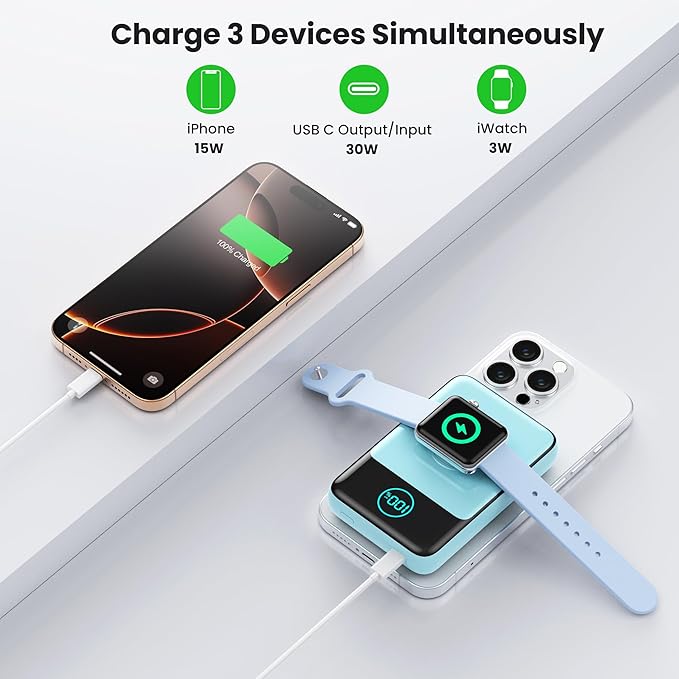 Magnetic Portable Charger for iPhone, 3-in-1 10800mAh Qi2 15W Wireless Power Bank with iWatch Charger,30W PD Fast Charging USB-C LCD Display Battery Pack for Magsafe,iPhone 17/16/15/14/13, Apple Watch