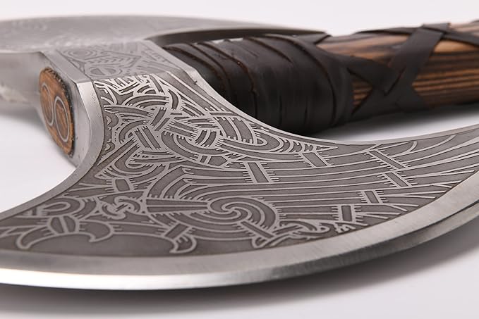 VikingsBrand Handmade Viking Axe Real, Battle Axe, Norse Axe Head Made of 1095 Carbon Steel, Viking Bearded Camping Axe (Odin's Double Head)