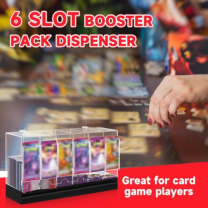 1 Pcs Acrylic Booster Pack Dispenser, Card Dispenser Storage and Organizer, for Trading Card, Booster Packs, Sports & More (Black Base 6 Slots)