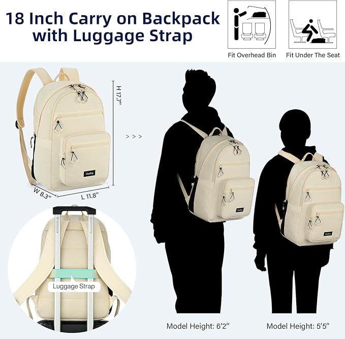 Carry On Travel Backpack For Women, 18 Inch Water Resistant Large Backpack Lightweight Bookbag For Men, 8x14x18 Personal Item Bag Casual Daypack Backpacks For Work Office Commuter (Offwhite)