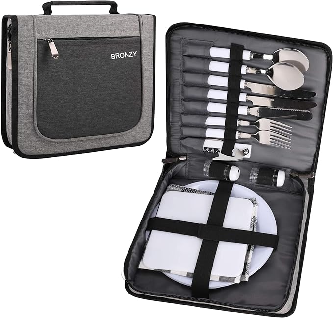 BRONZY Picnic Set Camping Cutlery Organizer Dinnerware Set - Mess Kit,Portable Eating Set with Plates,Spoons,Knives,Wine Opener,Forks,Napkinsc (16pcs/24pcs)