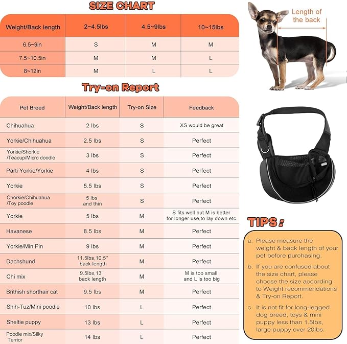 YUDODO Pet Sling Carrier for Small Dogs & Cats – Hands-Free Puppy Carrier with Safety Hook, Large Zipper Pocket, Soft Breathable Mesh, Adjustable Strap & Reflective Strip (Black 3.0 M)
