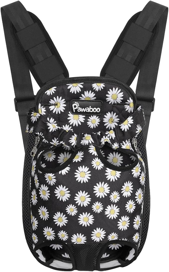 Pawaboo Pet Carrier Backpack, Adjustable Pet Front Cat Dog Carrier Backpack Travel Bag, Legs Out, Easy-Fit for Traveling Hiking Camping for Small Medium Dogs Cats Puppies, Small, Black Daisy